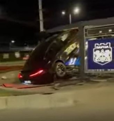 Mercedes-AMG crashes through bus stop