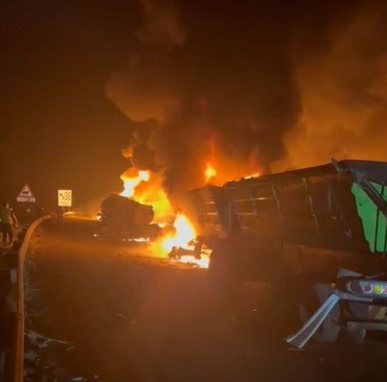Chaos as tanker, multiple trucks and cars involved in fiery crash